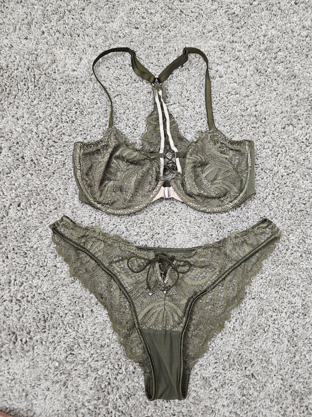 Olive Green Lace Underwire Bra & Bikini Set